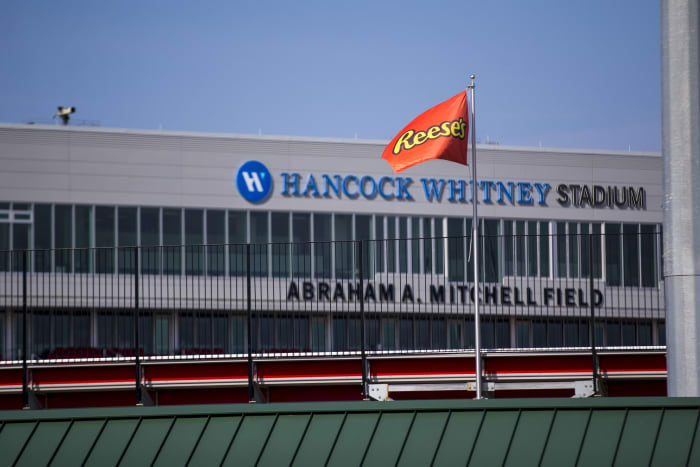 Jan 26, 2021; Mobile, Alabama, USA; Reese s flags fly above Hancock Whitney Stadium for Senior Bowl week. The first day s practices were moved indoors with no media access due to weather concerns.